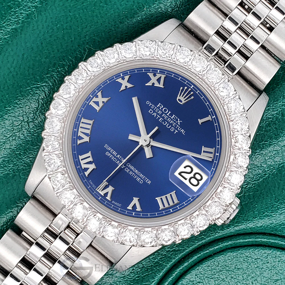 Rolex Datejust Midsize 31mm Blue Roman Dial 2.25ct Diamond Bezel Jubilee Watch