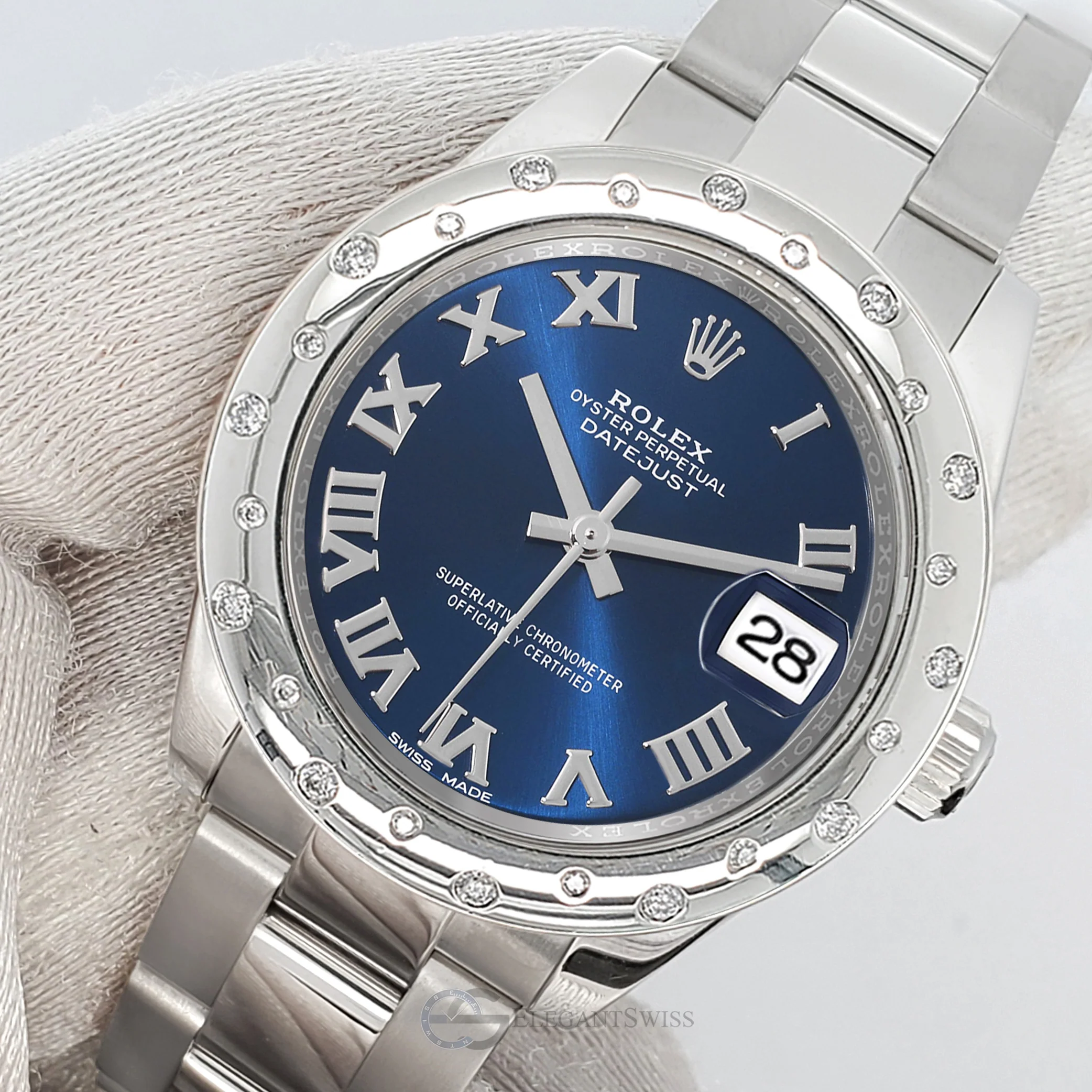 Rolex Datejust Midsize 31mm Blue Roman Dial Custom Domed VS Scattered Diamond Bezel Watch 178240