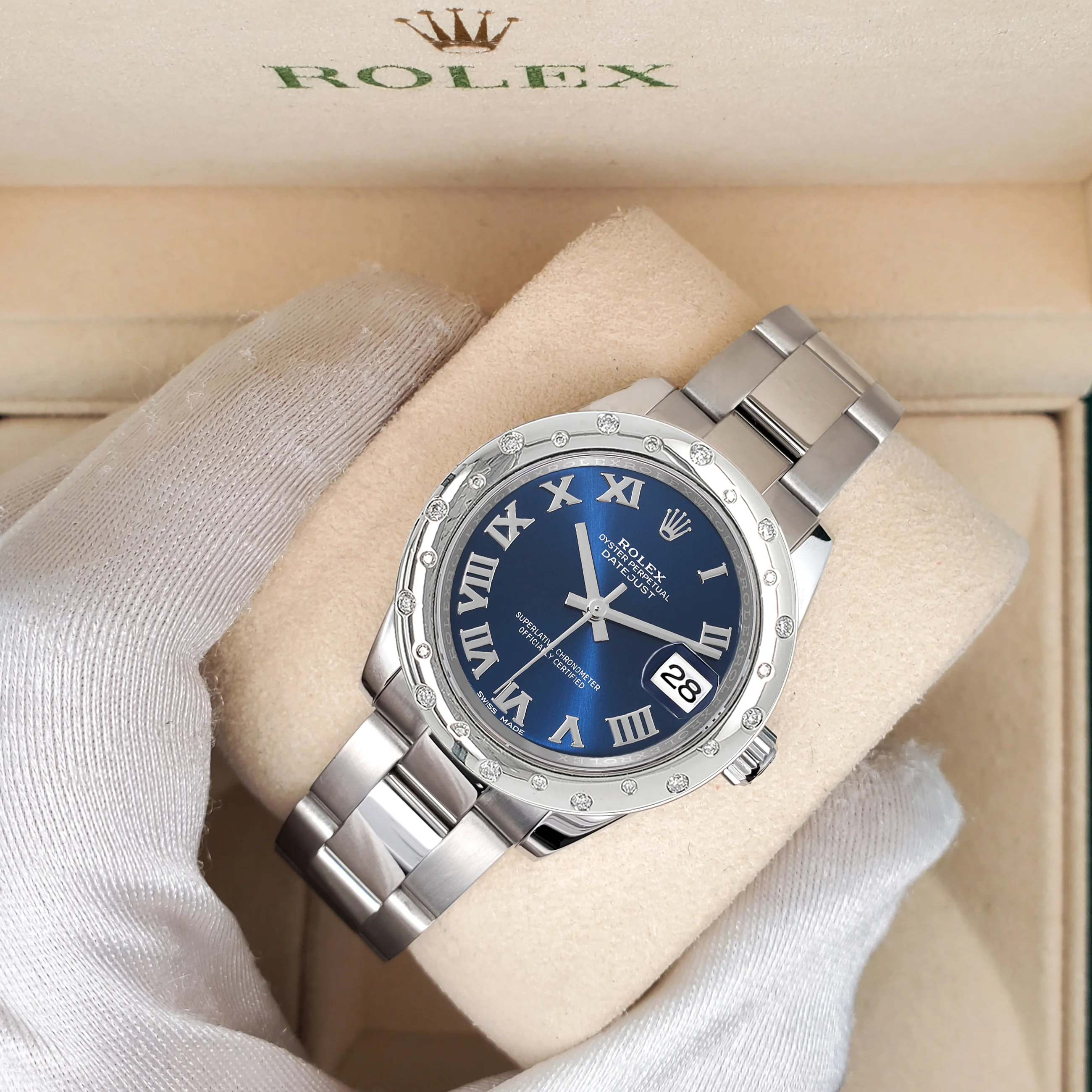 Rolex Datejust Midsize 31mm Blue Roman Dial Custom Domed VS Scattered Diamond Bezel Watch 178240 - Image 2