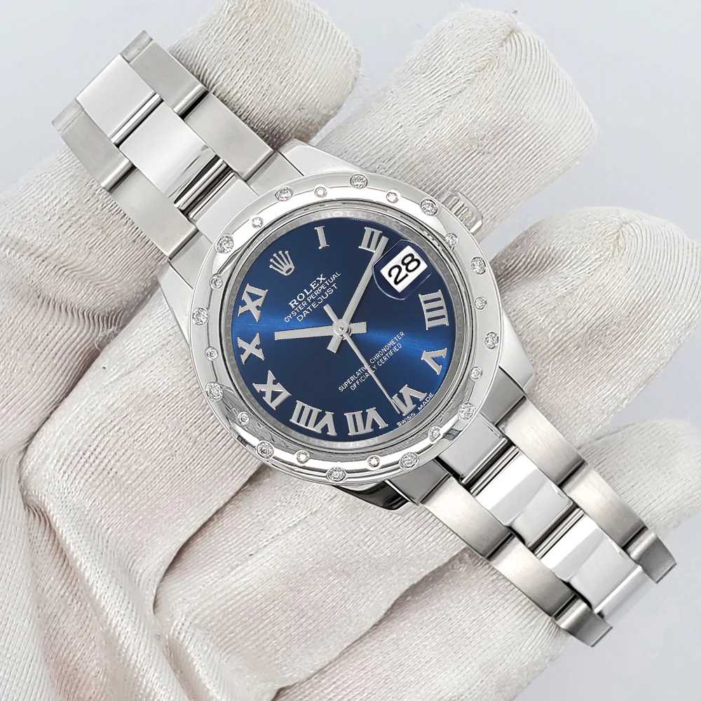 Rolex Datejust Midsize 31mm Blue Roman Dial Custom Domed VS Scattered Diamond Bezel Watch 178240 - Image 3