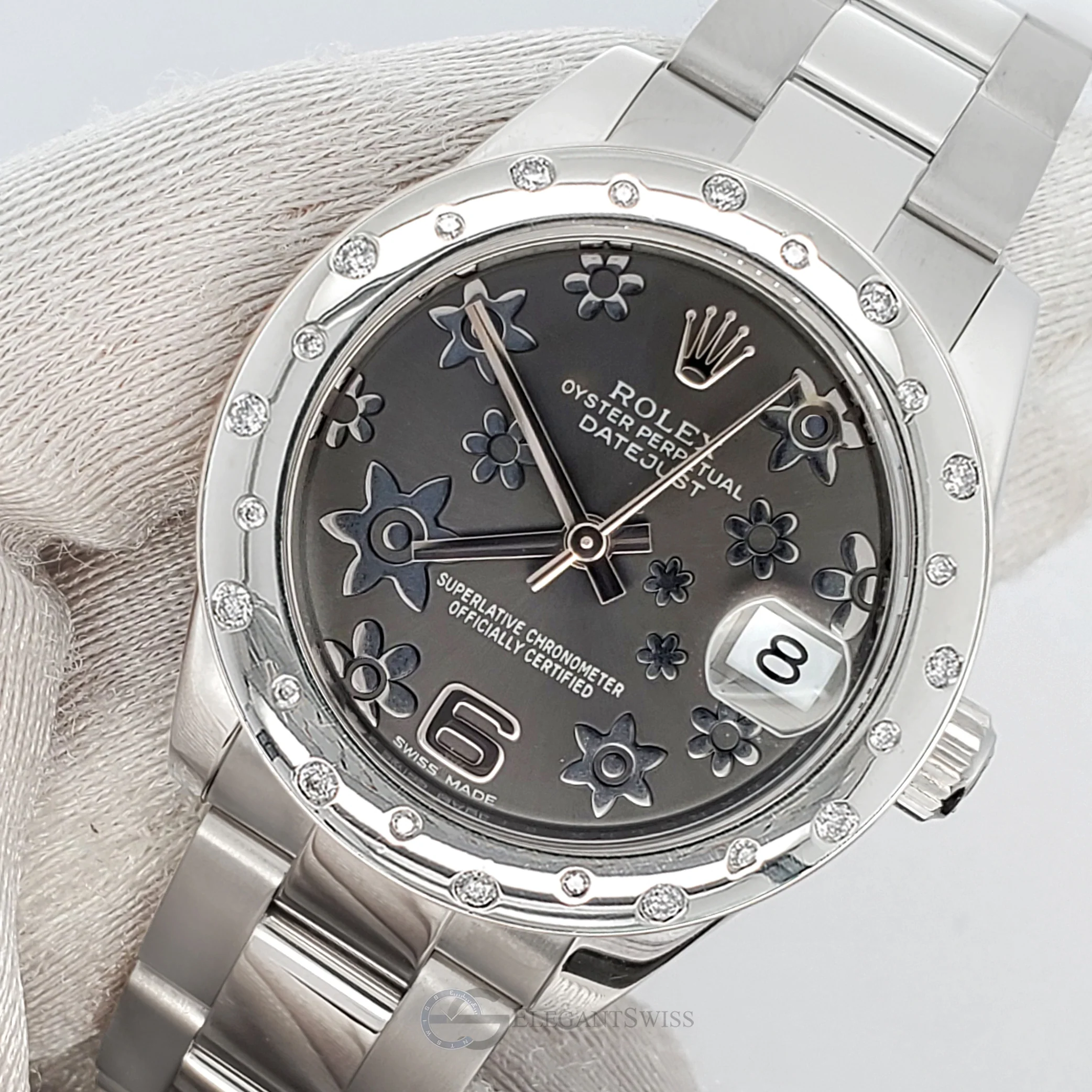 Rolex Datejust Midsize 31mm Gray Floral Dial Custom Domed 24 Diamonds Bezel 178240 Watch Box Papers