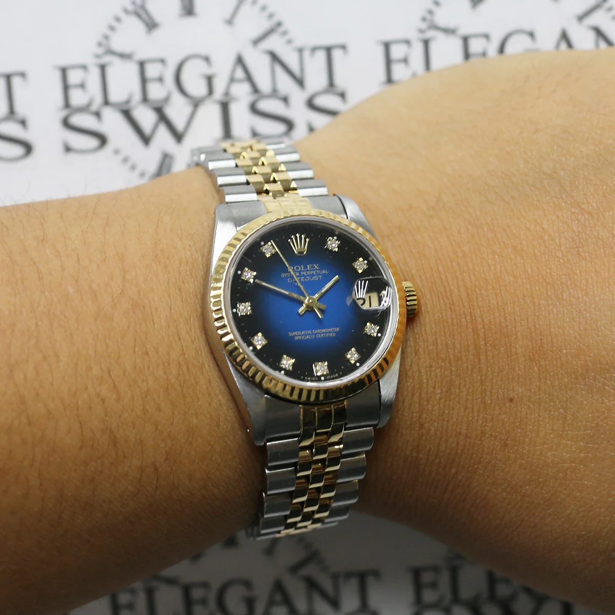 Rolex Datejust Midsize 31mm Gold/Steel Watch Factory Vignette Blue/Black Diamond Dial - Image 3