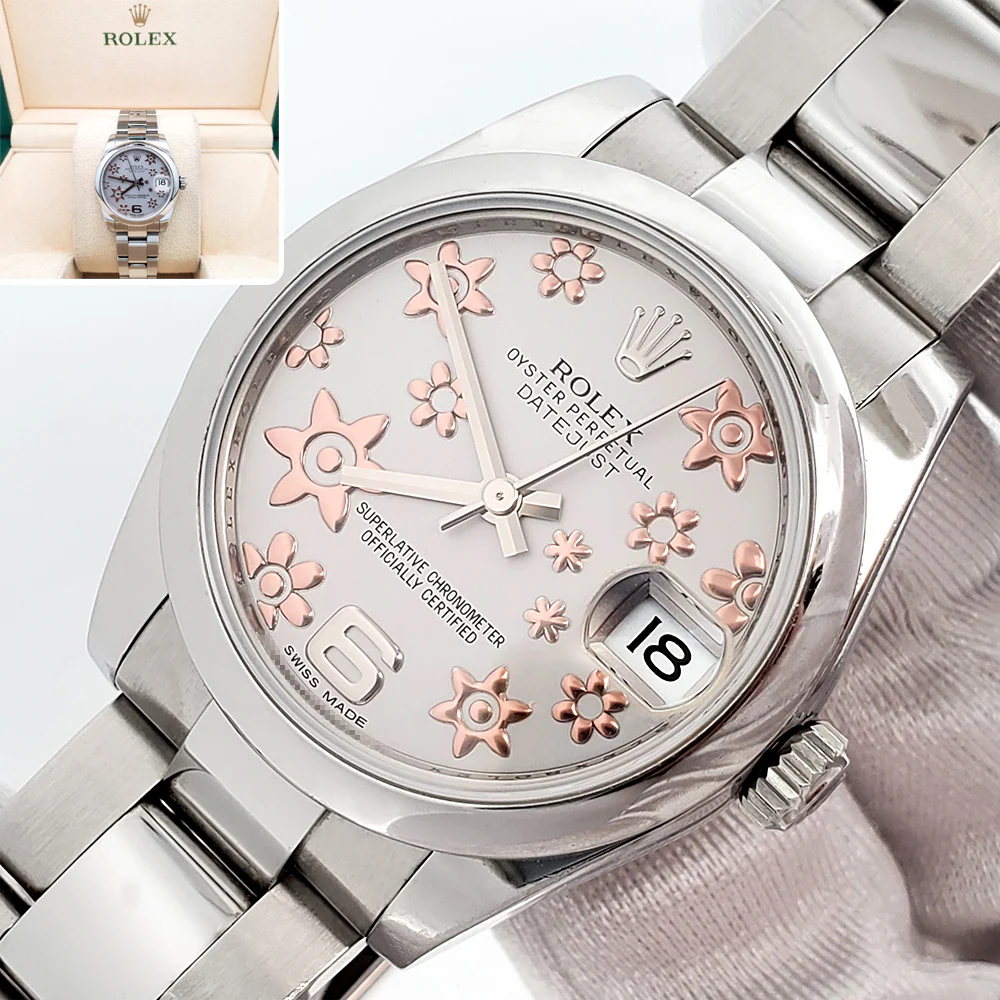 Rolex Datejust Midsize Rose Floral Dial Steel Oyster 31mm Watch 178240 Box/Apr