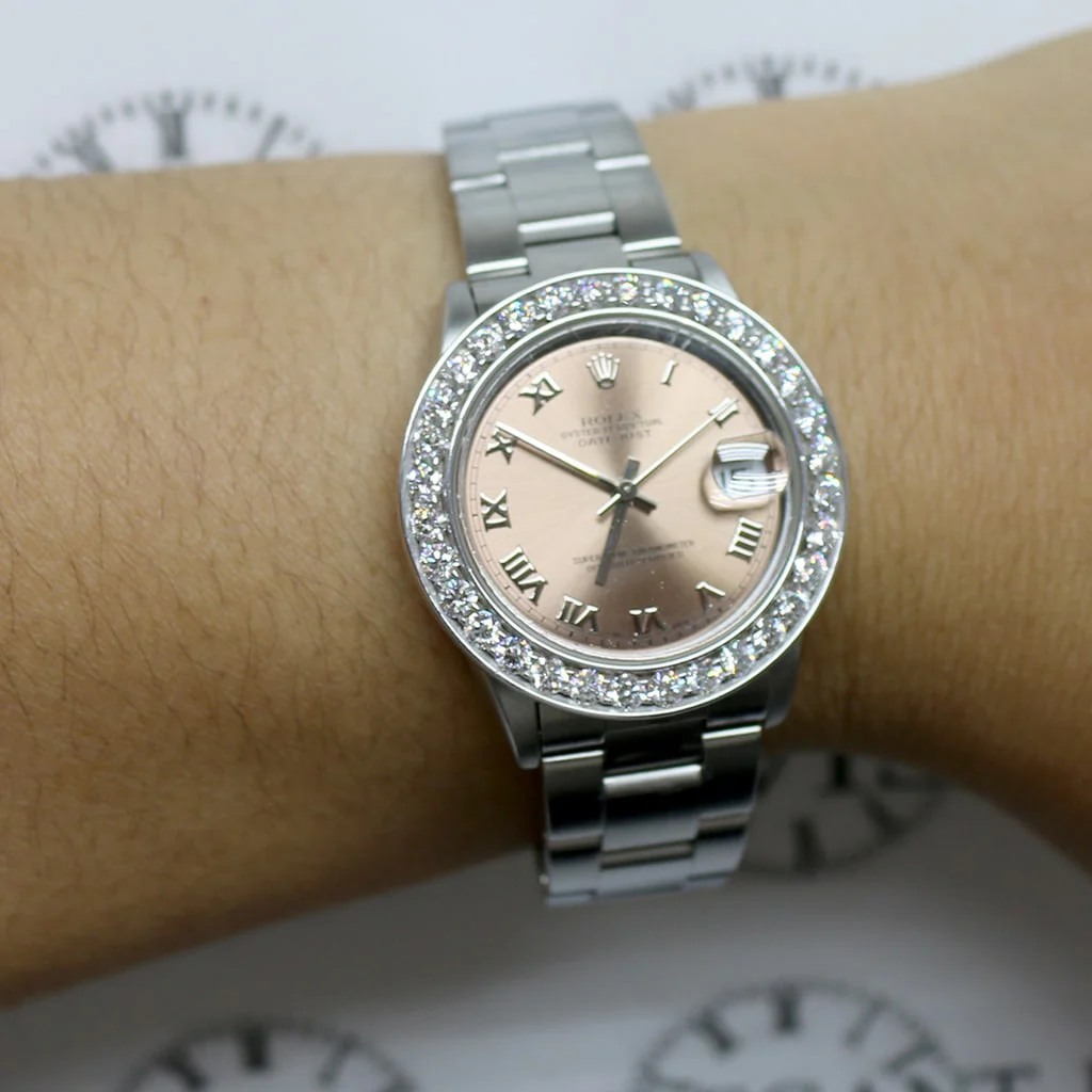 Rolex Datejust Midsize 31mm Original Salmon Roman Dial Automatic Steel Oyster Watch 68240 w/2.25Ct Diamond Bezel - Image 7
