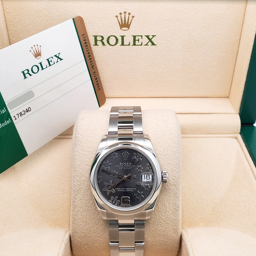 Rolex Datejust Midsize 31mm Rhodium Floral Dial Steel Oyster Watch 178240 Box Papers - Image 3