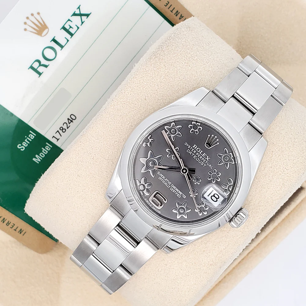 Rolex Datejust Midsize 31mm Rhodium Floral Dial Steel Oyster Watch 178240 Box Papers - Image 4