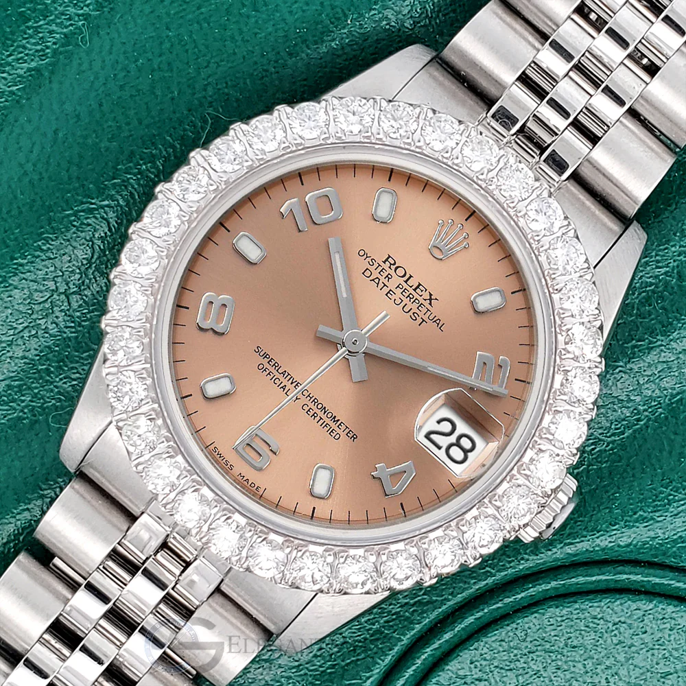 Rolex Datejust Midsize 31mm Salmon Arabic Dial 2.25ct Diamond Bezel Jubilee Watch