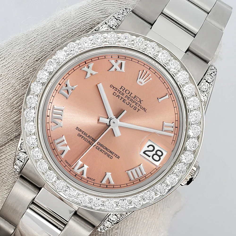 Rolex Datejust Midsize 31mm Salmon Roman Dial 2.1ct Diamond Bezel/Lugs Oyster Watch
