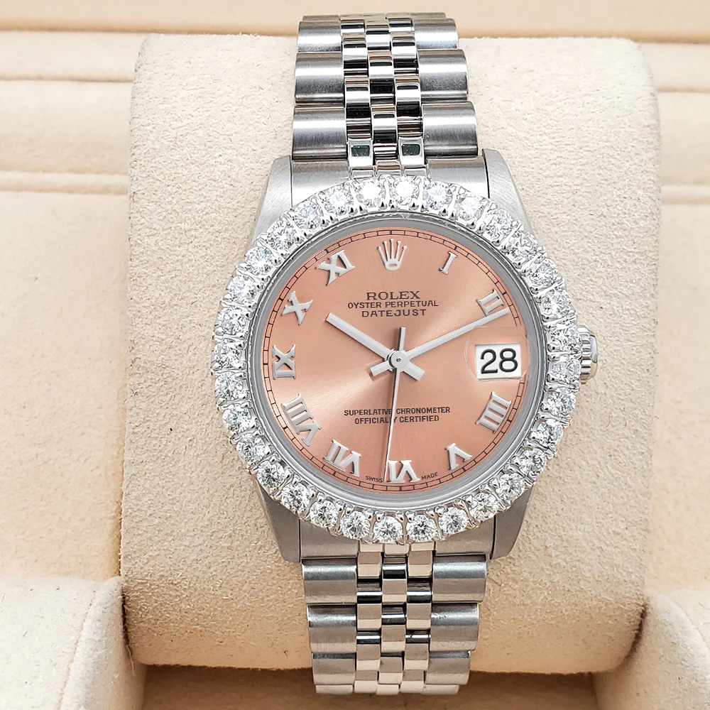 Rolex Datejust Midsize 31mm Salmon Roman Dial 2.25ct Diamond Bezel Jubilee Watch - Image 3