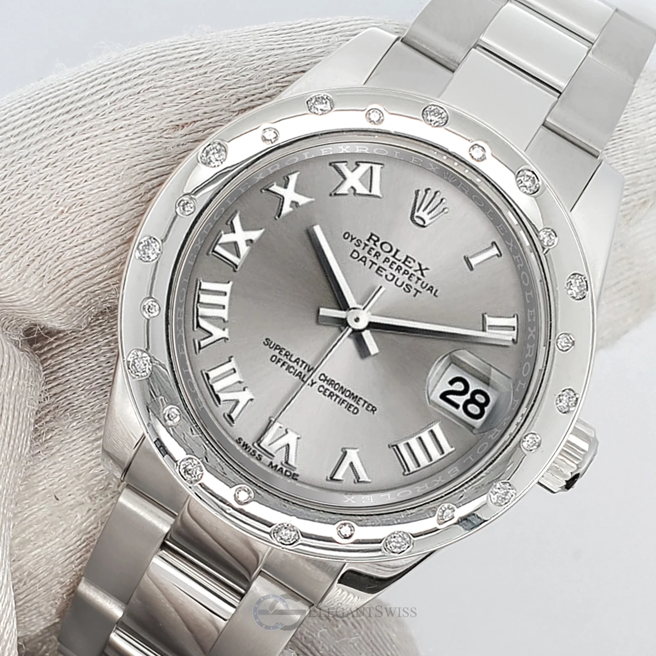 Rolex Datejust Midsize 31mm Silver Roman Dial Custom Domed VS Scattered Diamond Bezel Watch 178240