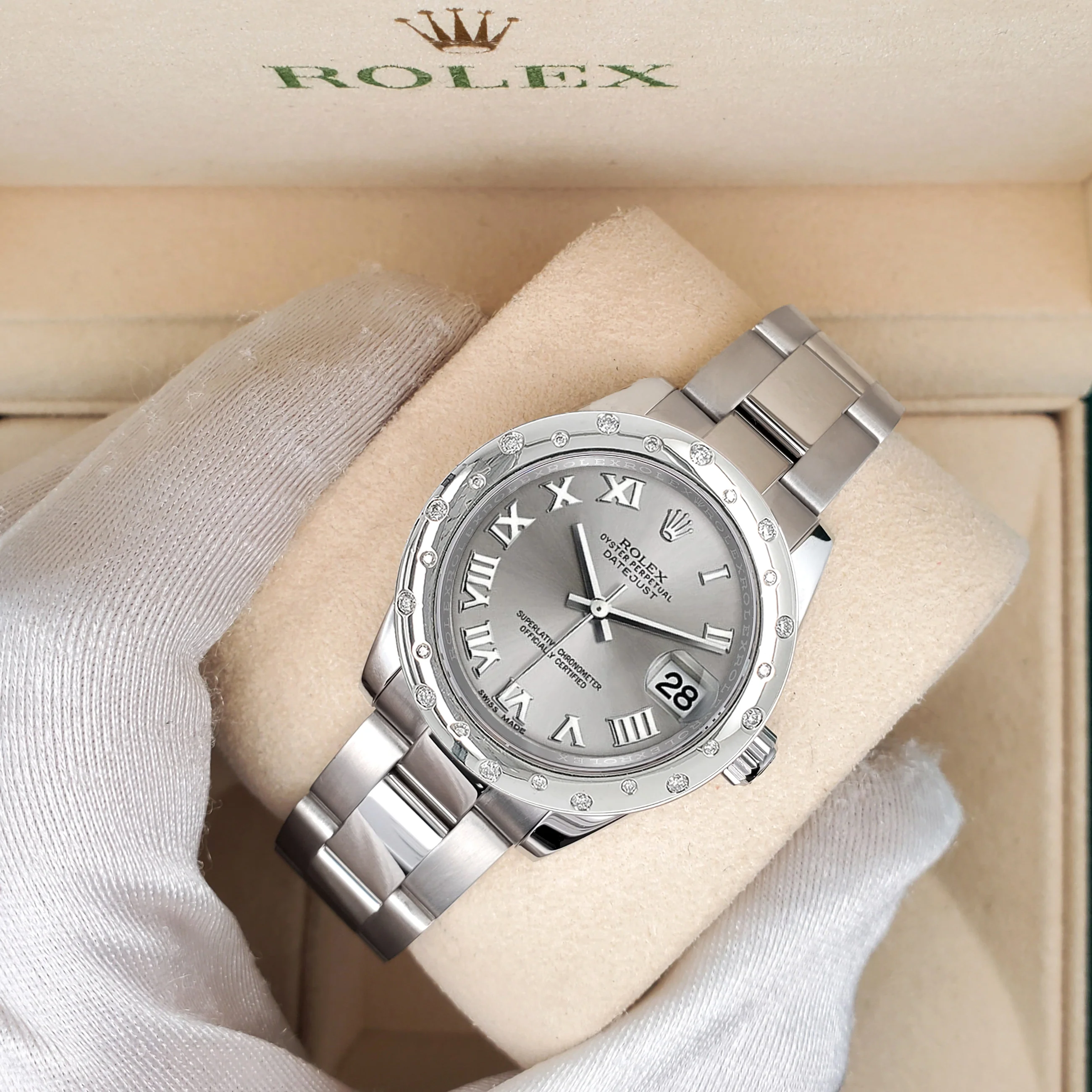 Rolex Datejust Midsize 31mm Silver Roman Dial Custom Domed VS Scattered Diamond Bezel Watch 178240 - Image 2