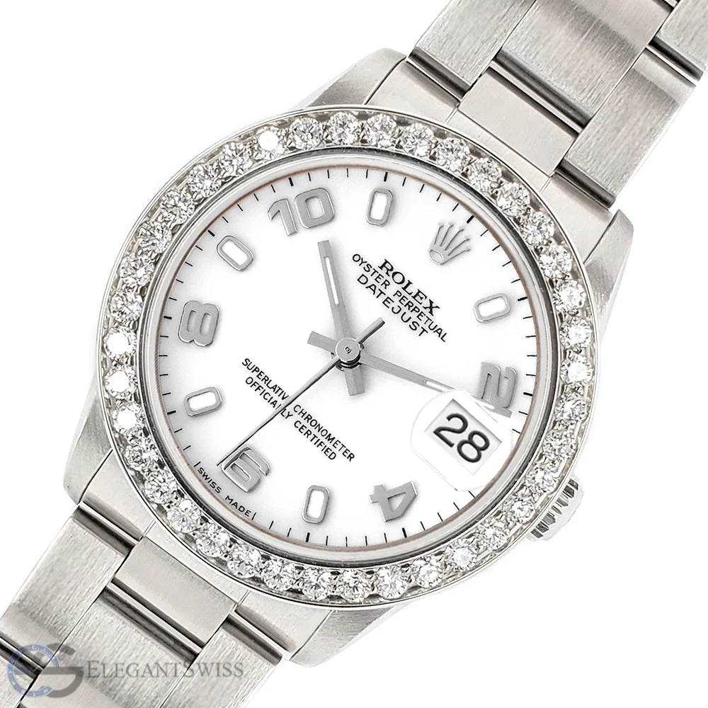 Rolex Datejust Midsize 31mm White Arabic Oyster Watch 1.62ct Bezel Steel
