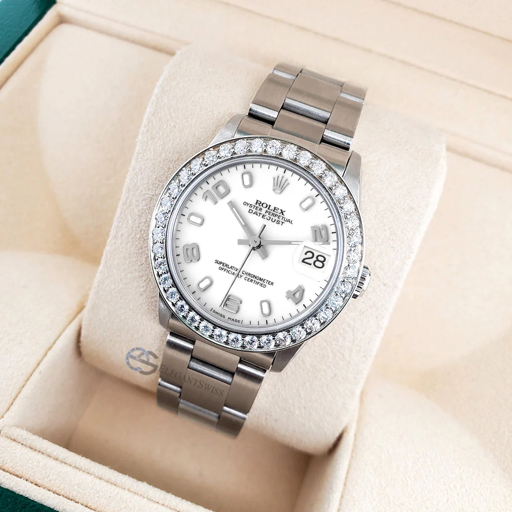 Rolex Datejust Midsize 31mm White Arabic Oyster Watch 1.62ct Bezel Steel - Image 4