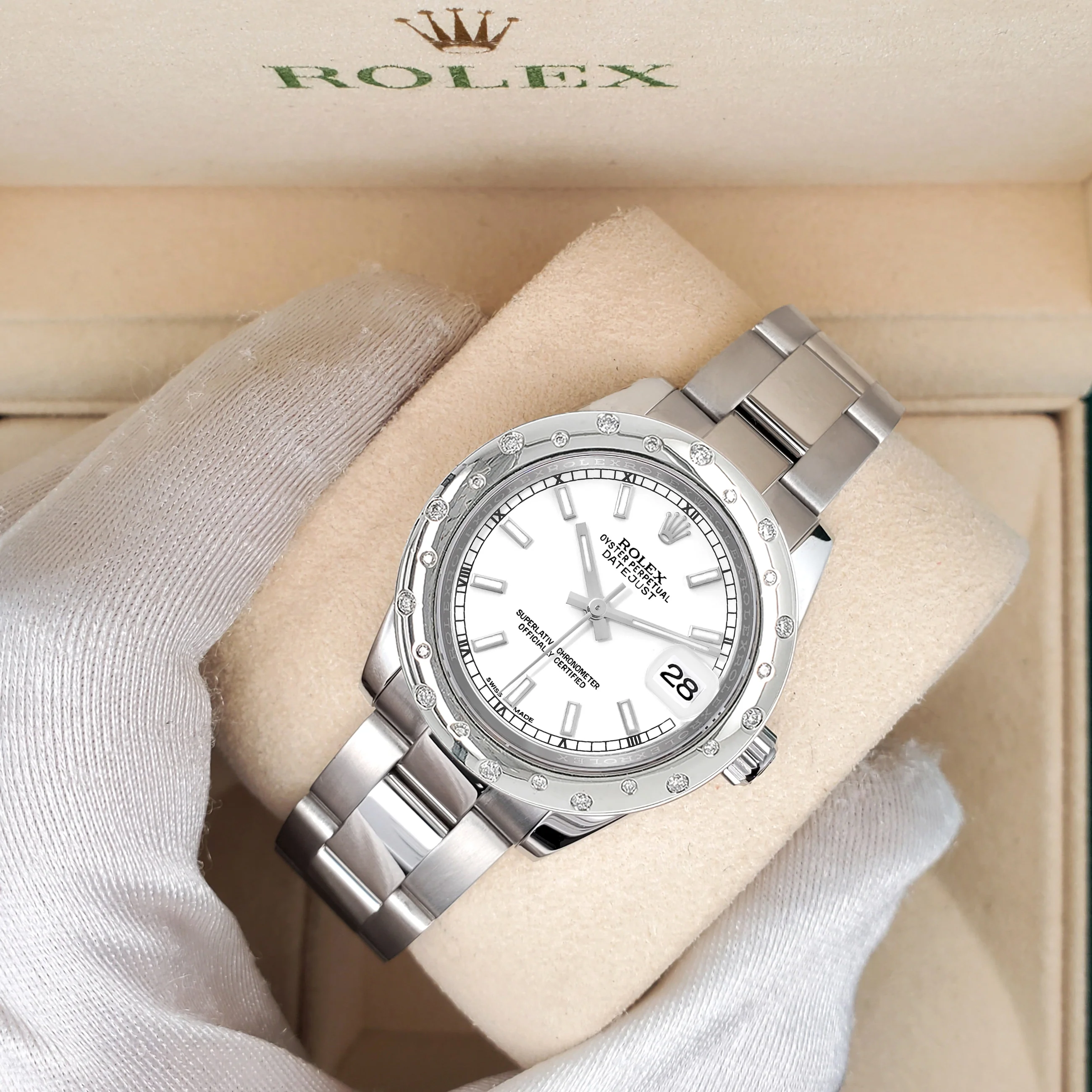 Rolex Datejust Midsize 31mm White Index Dial Custom Domed VS Scattered Diamond Bezel Watch 178240 - Image 2