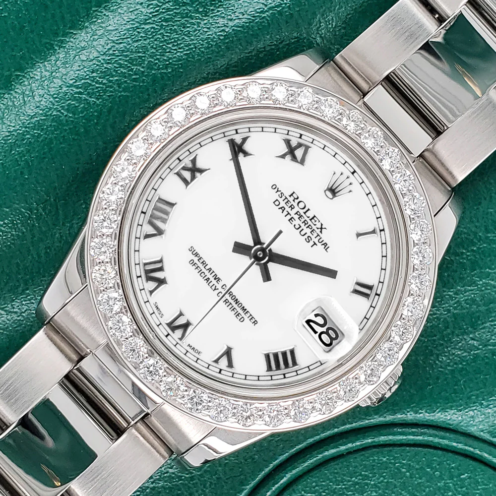 Rolex Datejust Midsize 31mm White Roman Dial w/Custom Diamond 1.62ct Diamond Bezel Steel Watch - Image 3