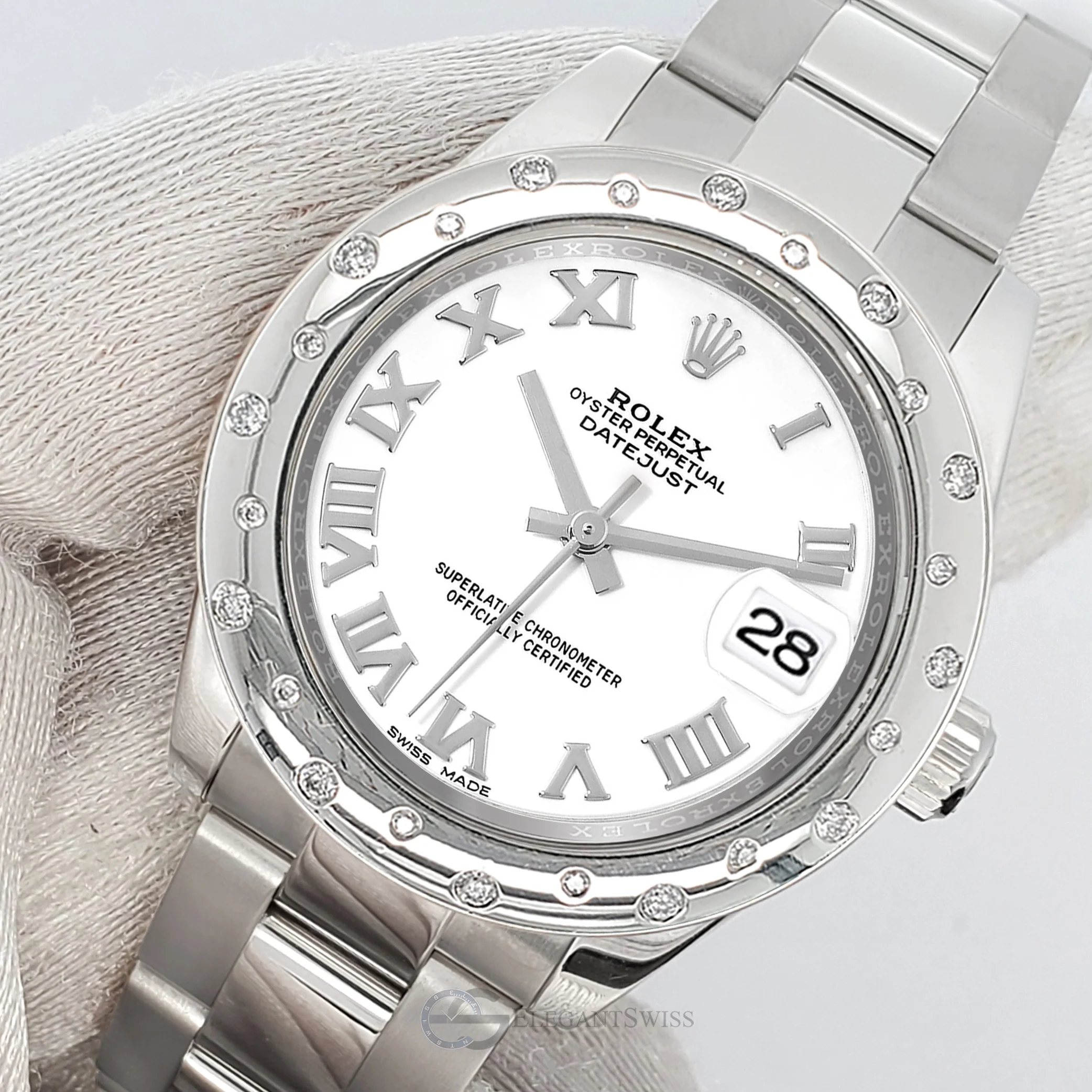 Rolex Datejust Midsize 31mm White Roman Dial Custom Domed VS Scattered Diamond Bezel Watch 178240