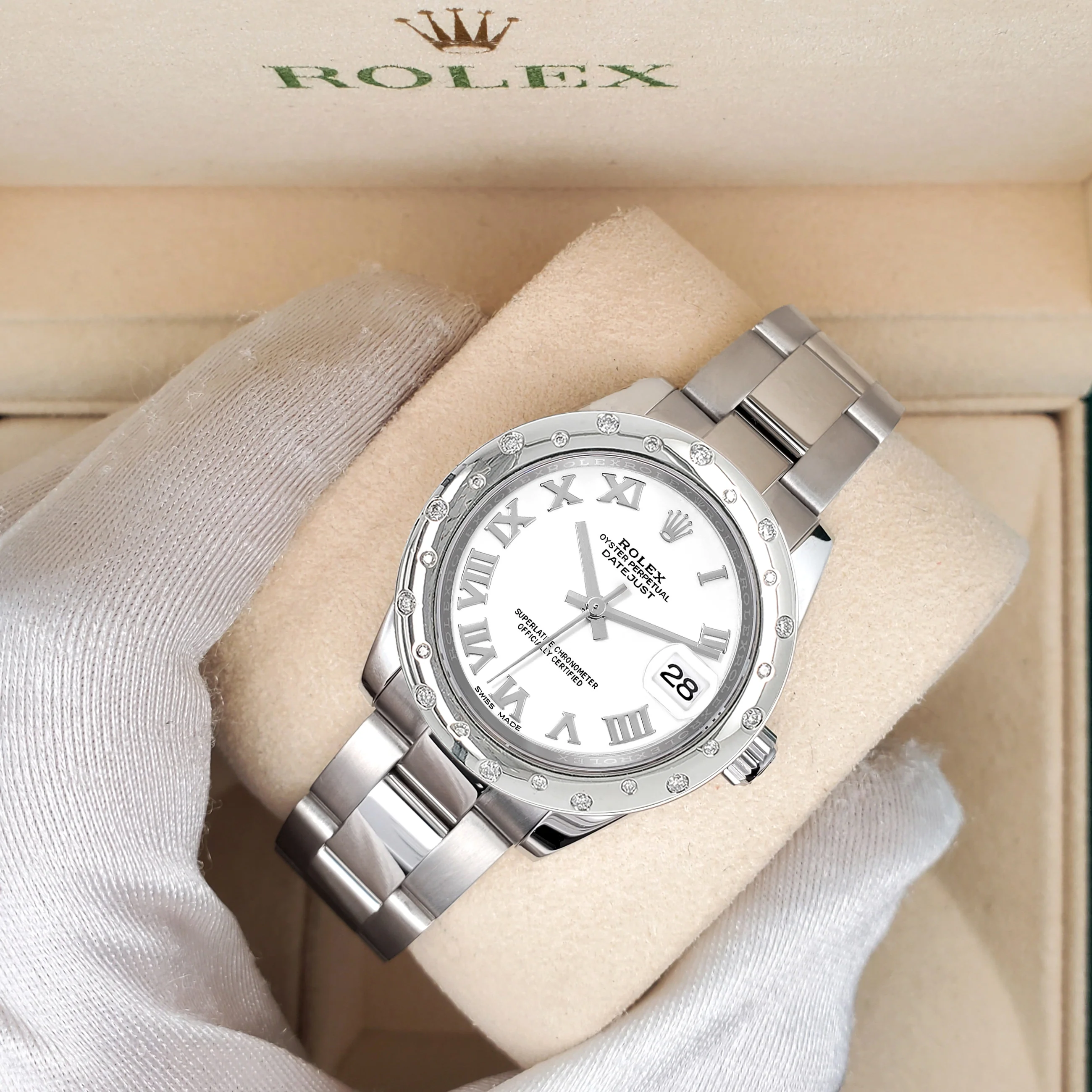 Rolex Datejust Midsize 31mm White Roman Dial Custom Domed VS Scattered Diamond Bezel Watch 178240 - Image 2