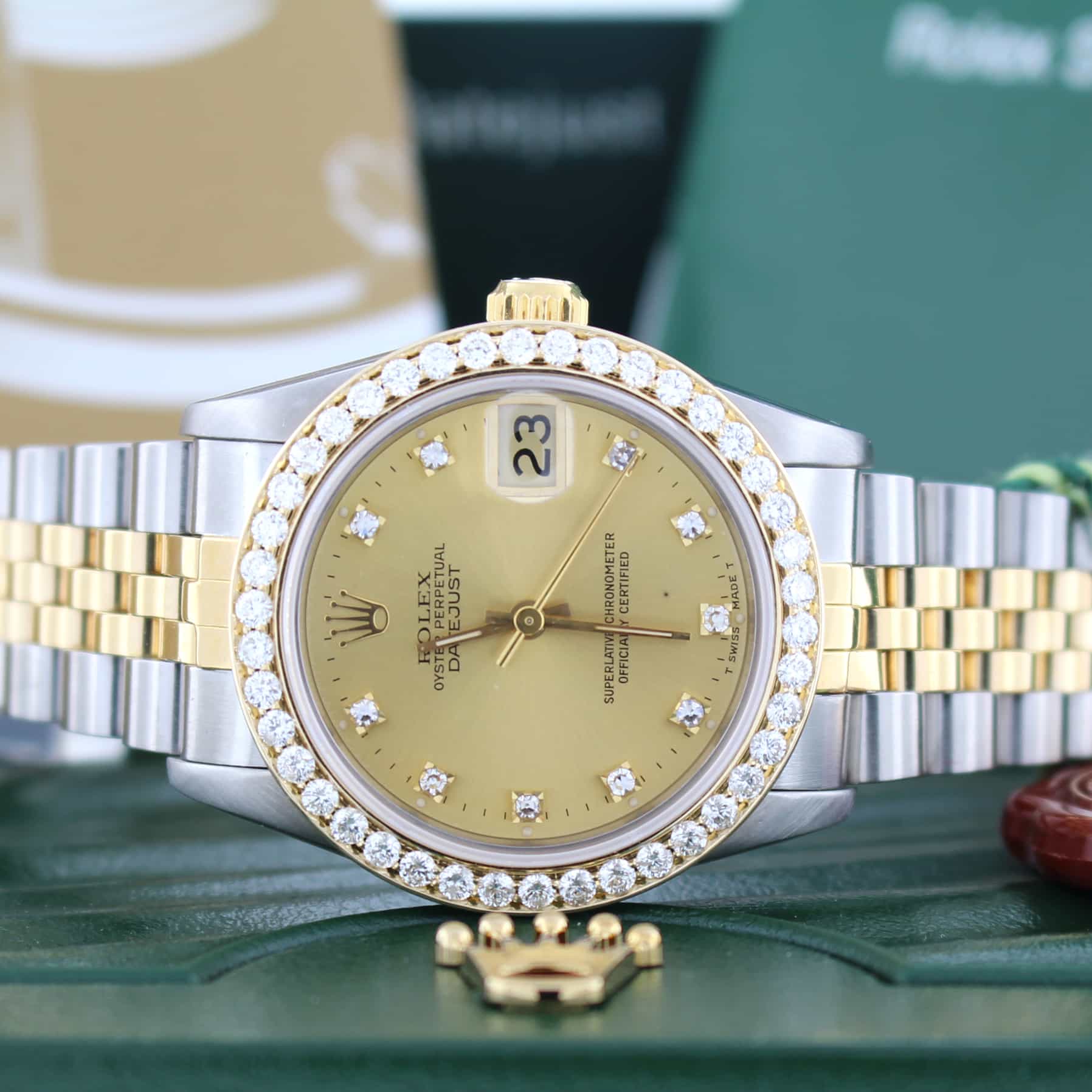 Rolex Datejust Midsize Original Diamond Dial 2-Tone 18K Yellow Gold/Stainless Steel Ladies Watch w/Diamond Bezel 68273 - Image 3