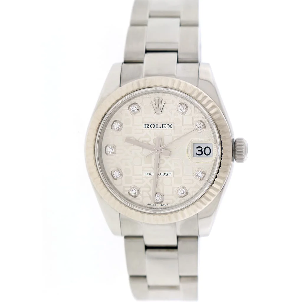 Rolex Datejust Midsize Original Silver Jubilee Diamond Dial White Gold Fluted Bezel 31mm Automatic Steel Oyster Watch 178274