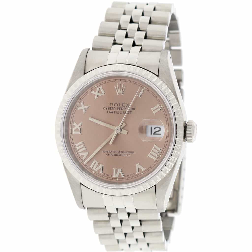 Rolex Datejust Original Salmon Roman Dial 36MM Engine Turn Bezel Stainless Steel Jubilee Mens Watch 16220