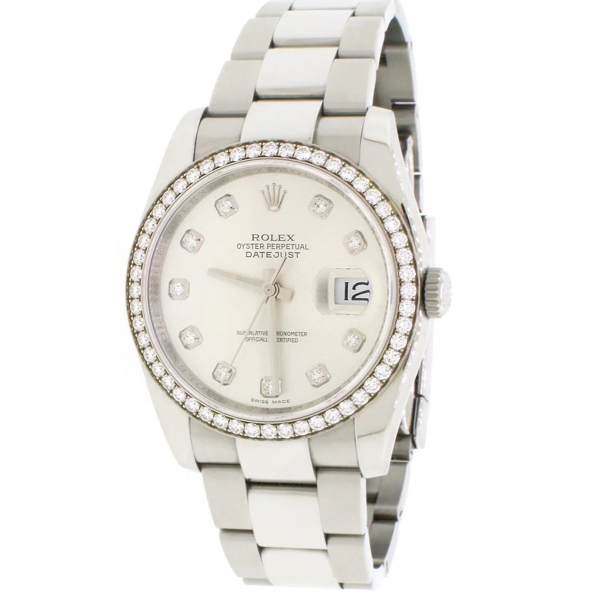 Rolex Datejust Factory Silver Diamond Dial & Bezel 18K White Gold/Steel 36mm Mens Watch 116244 Box & Papers - Image 4