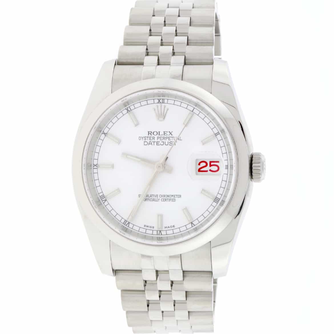 Rolex Datejust Original White Stick Dial 36MM Smooth Domed Bezel Jubilee Stainless Steel Mens Watch 116200