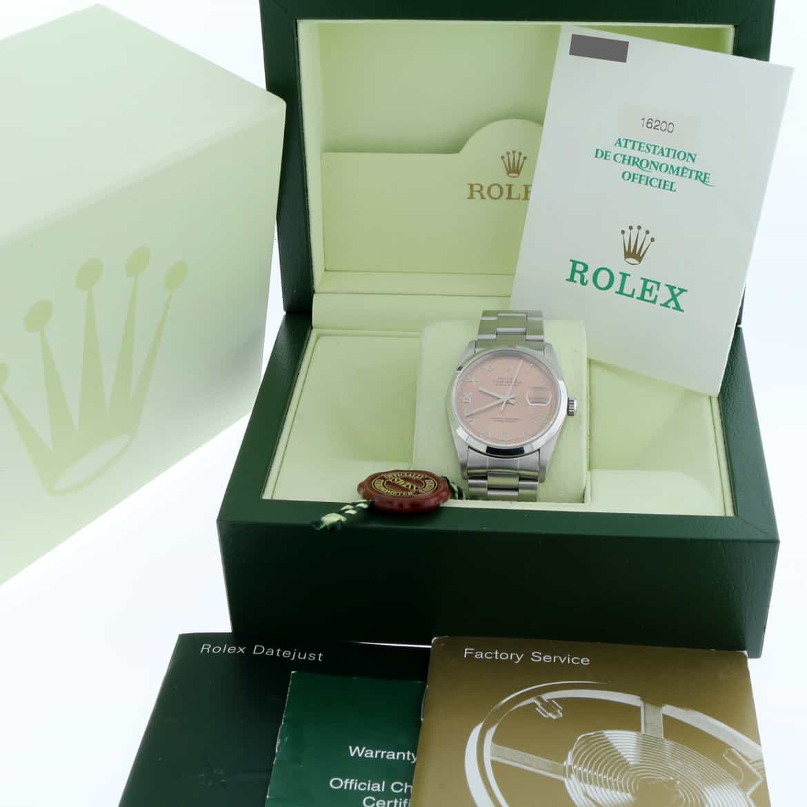 Rolex Datejust Pink Roman Dial 36MM Smooth Domed Bezel Oyster Stainless Steel Mens Watch 16200 - Image 3