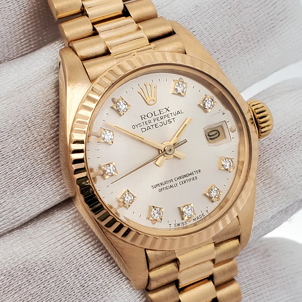 Rolex Datejust President 26mm 6917 Factory Silver Diamond Dial Yellow Gold Watch Box Papers - Image 2