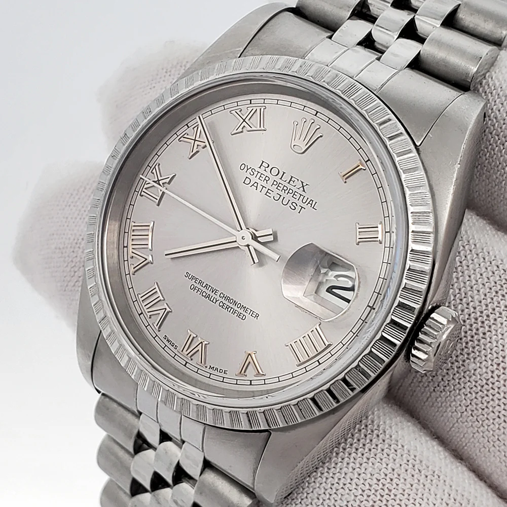 Rolex Datejust Silver Roman Engine Turned Bezel Steel Jubilee Watch 16220