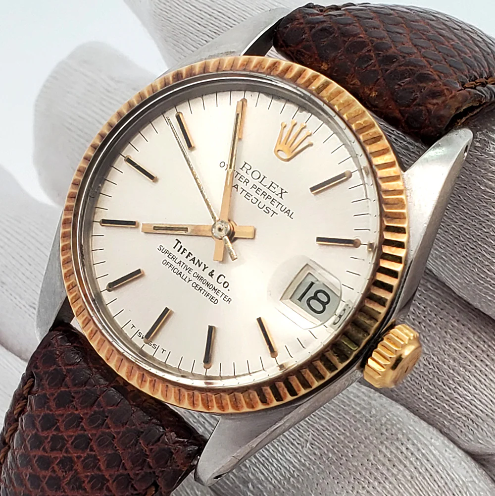 Rolex Datejust Tiffany&Co 31mm 6827 Silver Index Steel Yellow Gold Fluted Bezel Watch