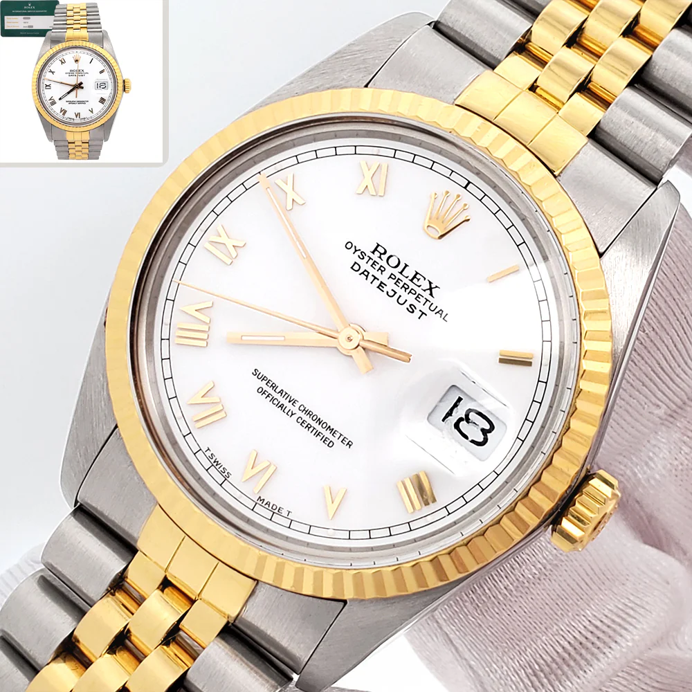 Rolex Datejust White Roman 2-Tone 36mm Jubilee Watch 16013 Service Papers