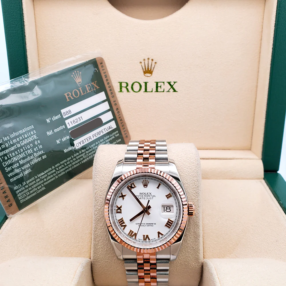 Rolex Datejust White Roman Dial 2-Tone Rose Gold/Steel Jubilee 116231 36mm Watch Box Papers - Image 3
