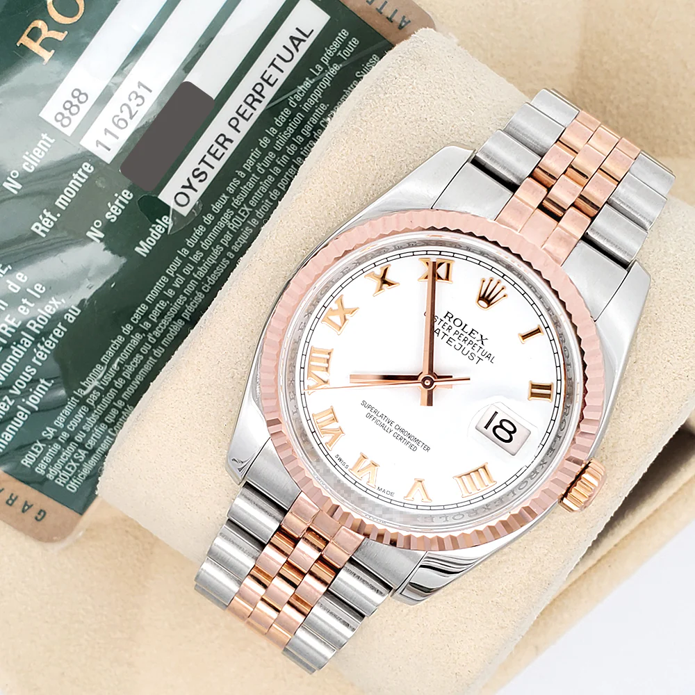 Rolex Datejust White Roman Dial 2-Tone Rose Gold/Steel Jubilee 116231 36mm Watch Box Papers - Image 4