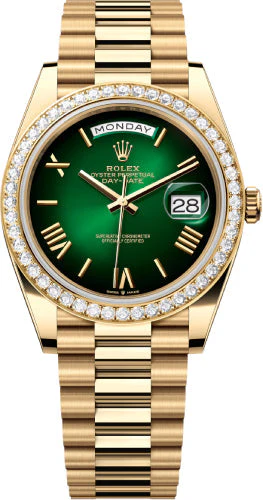 Rolex Day-Date 40 40mm Green Ombré Dial Diamond Set Bezel President Bracelet - 228348RBR | 2024 Model