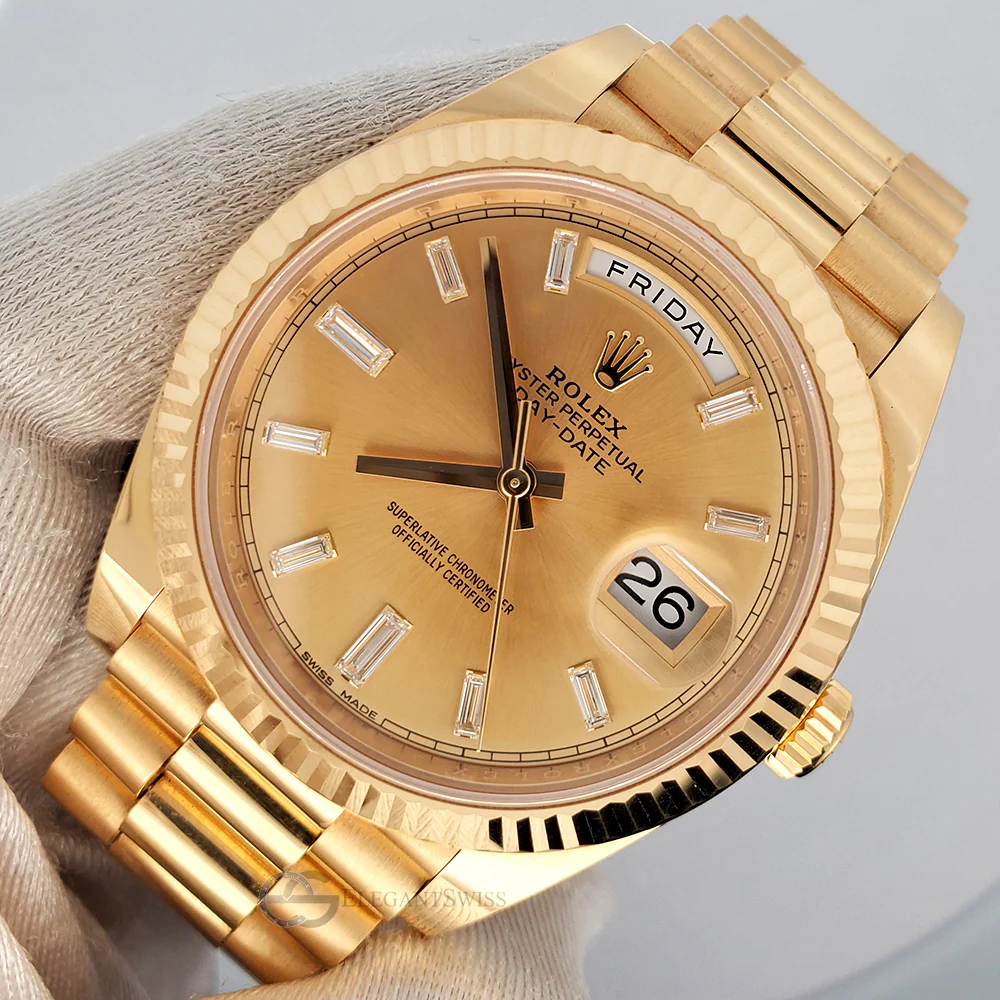 Rolex Day-Date 40 President Yellow Gold Factory Champagne Baguette Diamond Dial Watch 228238 Box Papers
