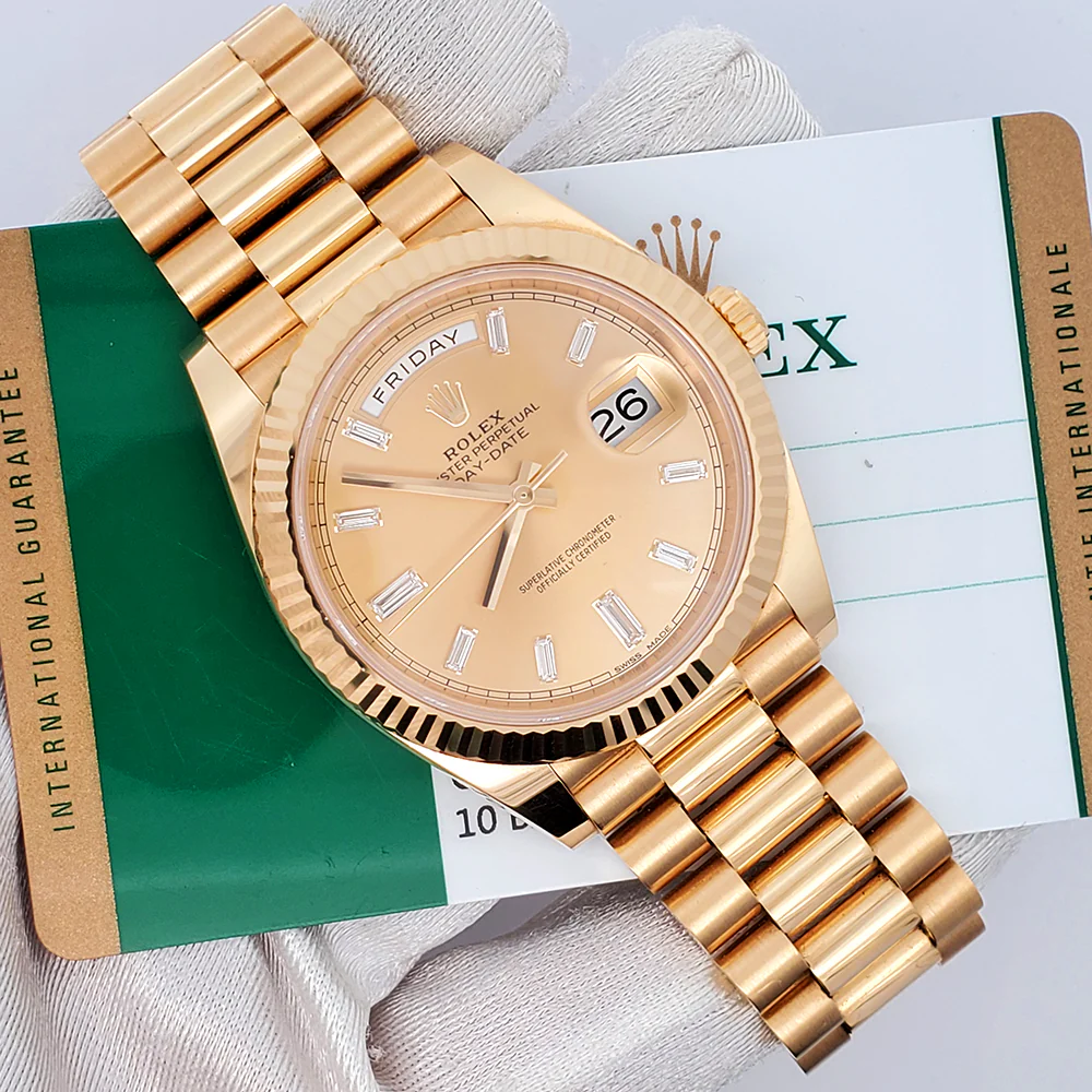 Rolex Day-Date 40 President Yellow Gold Factory Champagne Baguette Diamond Dial Watch 228238 Box Papers - Image 3