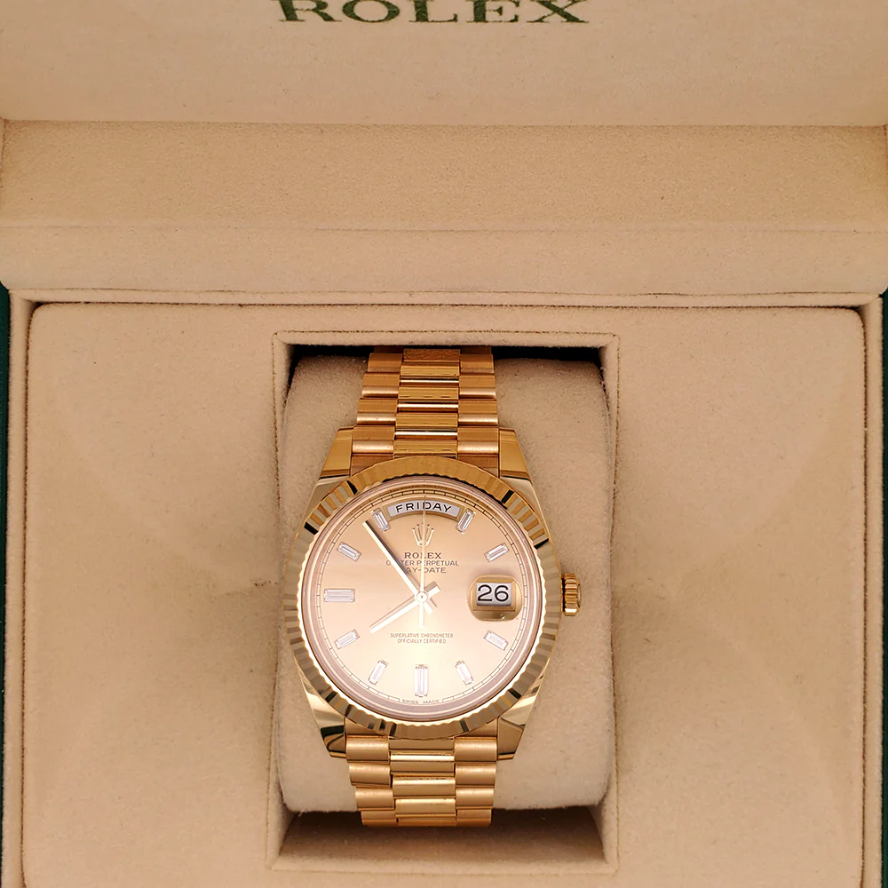 Rolex Day-Date 40 President Yellow Gold Factory Champagne Baguette Diamond Dial Watch 228238 Box Papers - Image 4