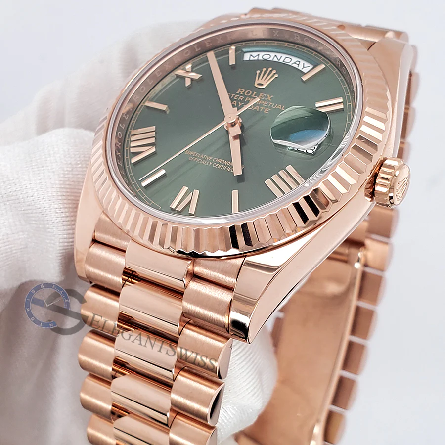 Rolex Day-Date 40mm 228235 Rose Gold Fluted Bezel Olive Green Bevelled Roman Dial Watch 2019 Box Papers - Image 3