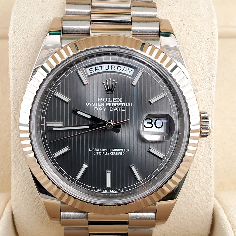 Rolex Day-Date 40mm White Gold Rhodium Grey Stripe Motif Dial 228239 Watch Box Papers - Image 3