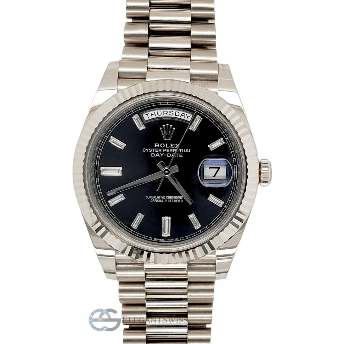 Rolex Day-Date President 40mm Black Baguette Dial White Gold Watch 228239 Box Papers