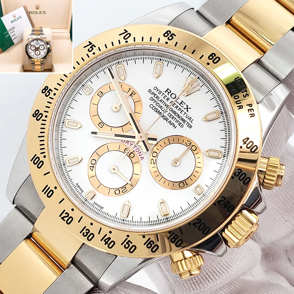 Rolex Daytona White Index 2-Tone 40mm Watch 116523 Box Papers