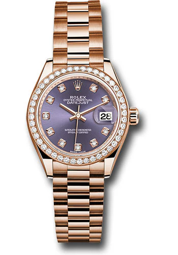 Rolex Everose Gold Lady-Datejust 28 Watch - 44 Diamond Bezel - Aubergine Diamond Dial - President Bracelet - 279135RBR adp