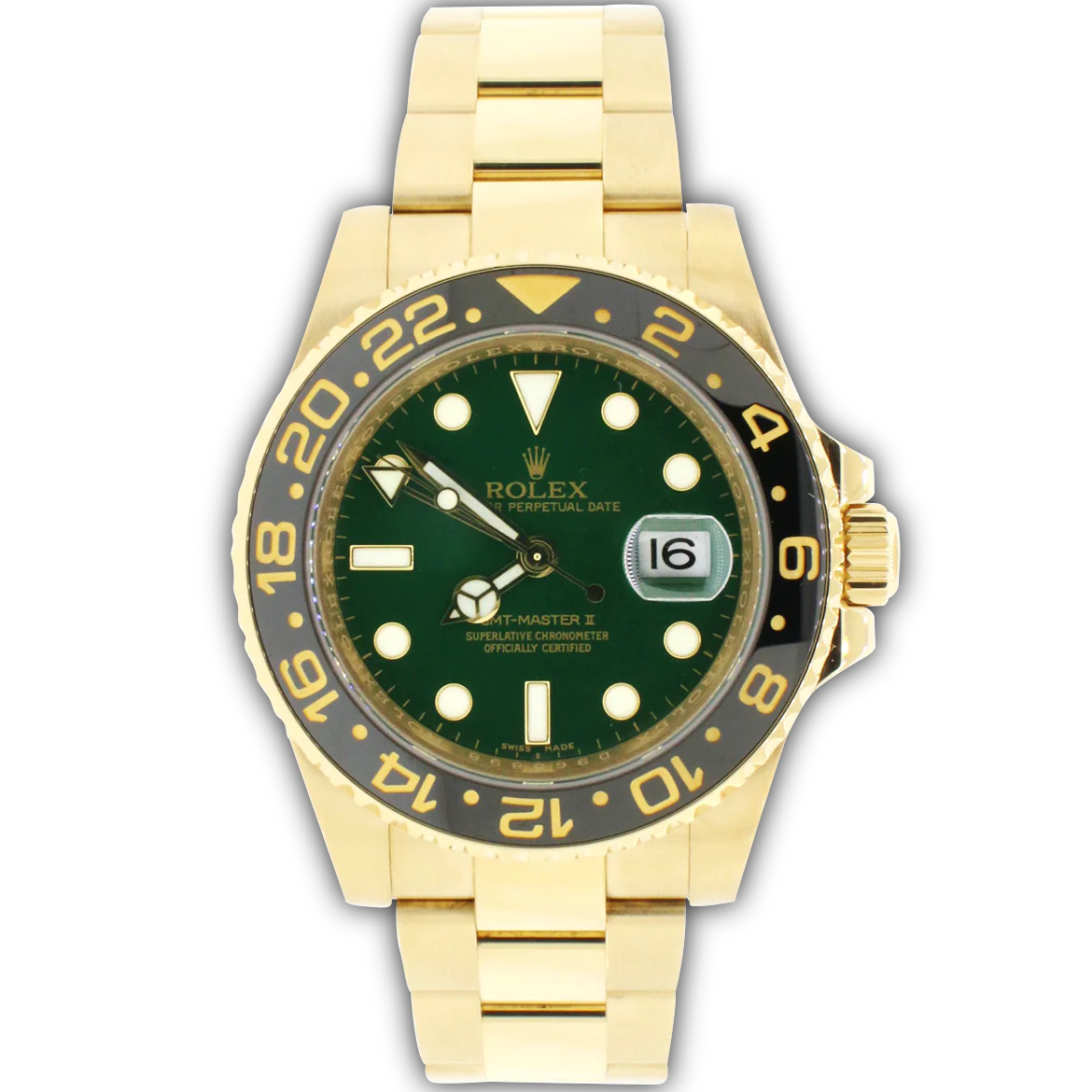 Rolex GMT-Master II Green Dial 18K Yellow Gold 40MM Automatic Mens Oyster Watch 116718 Box & Papers