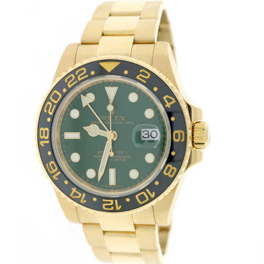 Rolex GMT-Master II 18K Yellow Gold Ceramic Bezel Green Dial 40MM Automatic Mens Oyster Watch 116718 Box & Papers