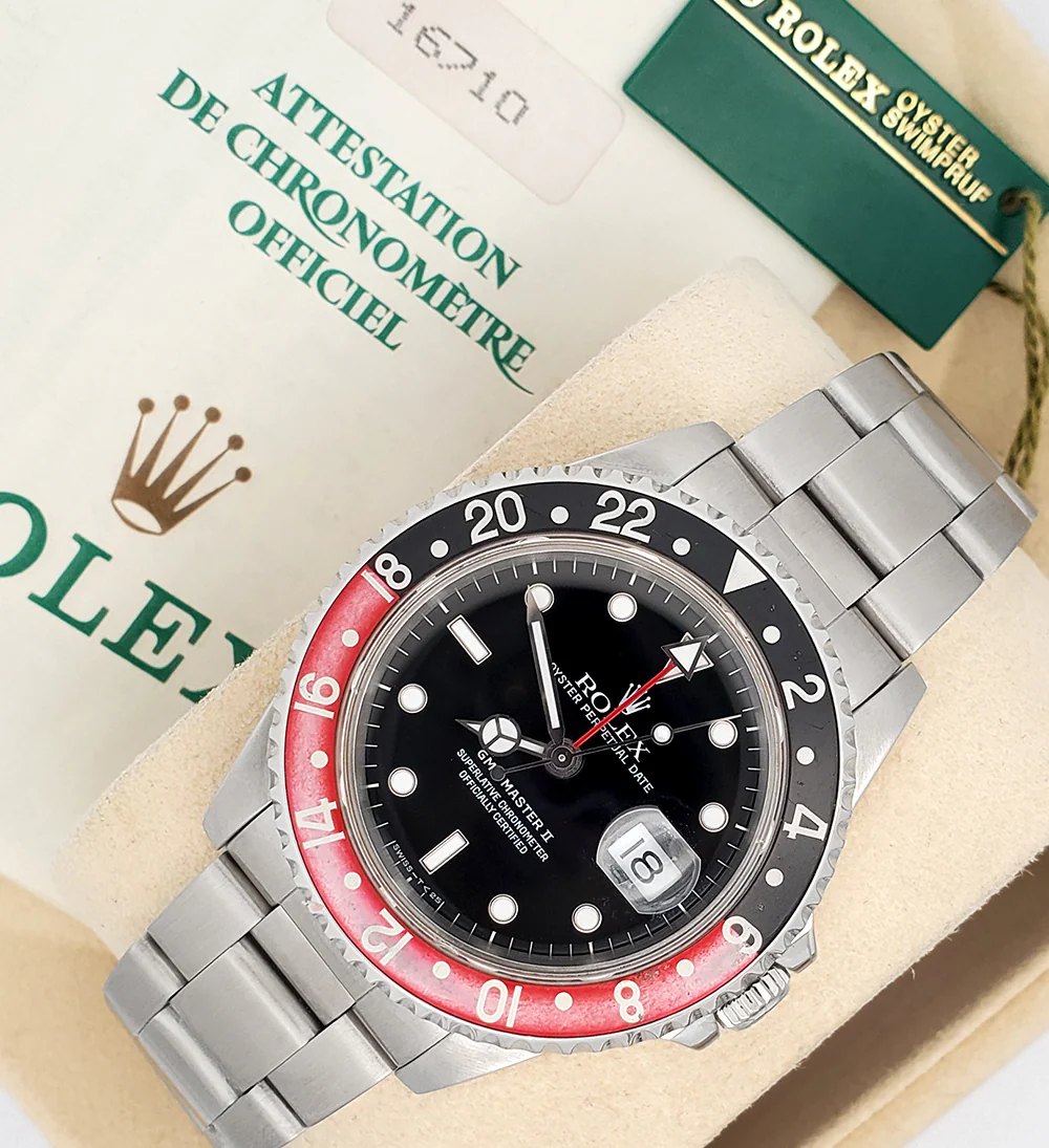 Rolex GMT-Master II 40mm Coke Bezel Steel Watch 16710 Box Papers