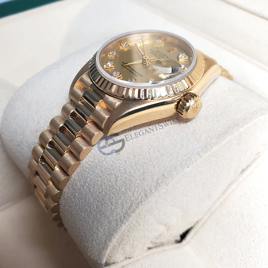Rolex Ladies President 26mm Factory Champagne Diamond Dial Yellow Gold Watch 69178 - Image 4