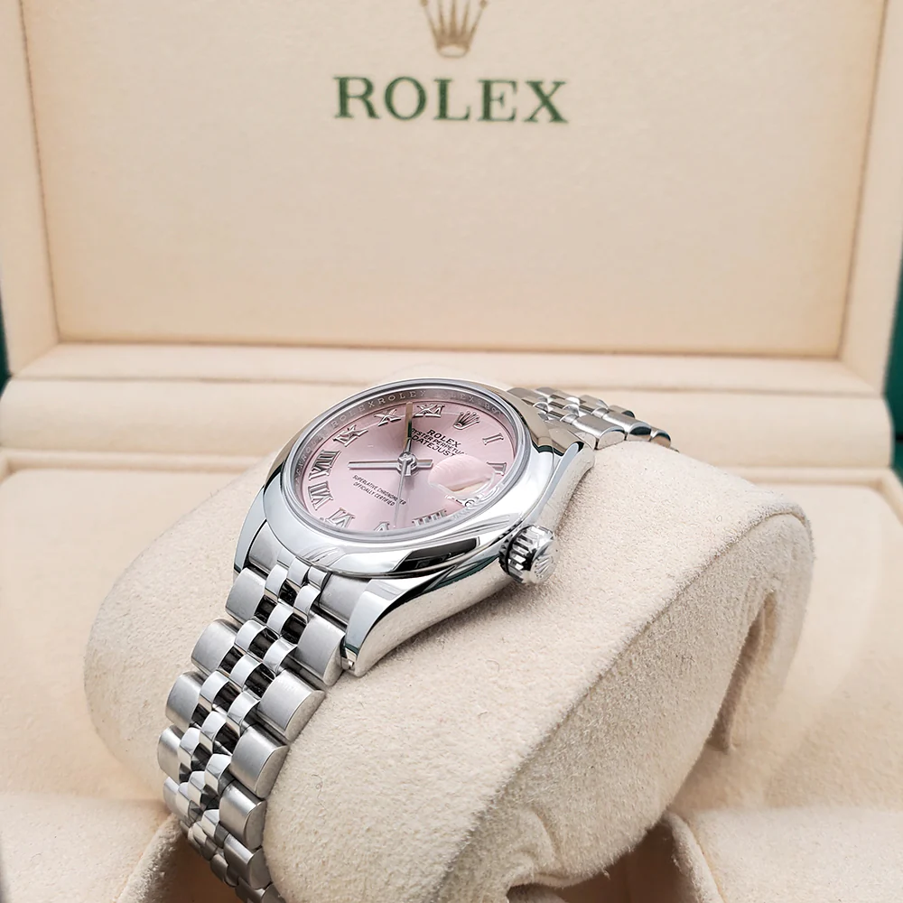 Rolex Lady-Datejust 28mm 279160 Pink Roman Dial Stainless Steel Jubilee Watch 2022 Box Papers - Image 4