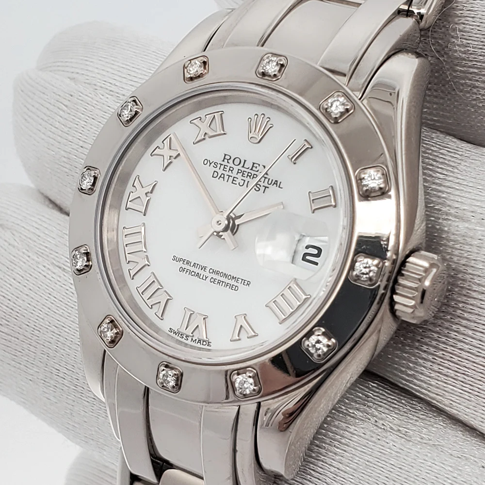 Rolex Lady Datejust Pearlmaster 29mm 12 Diamond Bezel White Gold Watch Box Papers