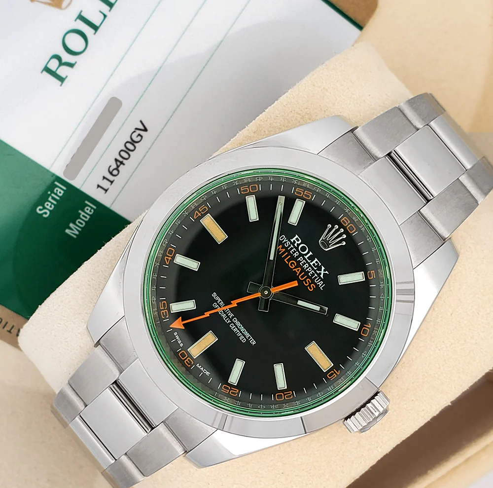 Rolex Milgauss 40mm Black Stick Dial Steel Watch 116400GV Box Papers