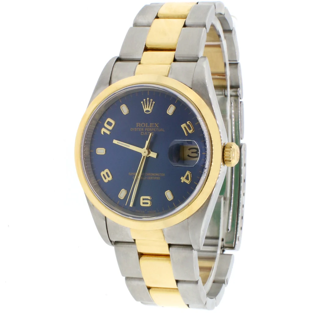 Rolex Oyster Perpetual Date 2-Tone 18K Yellow Gold/Stainless Steel 34MM Factory Blue Dial Oyster Watch 15203